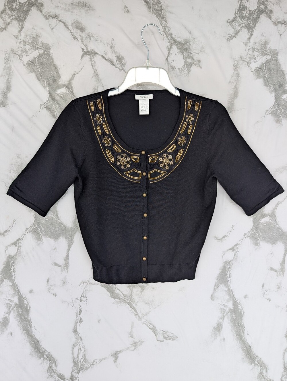 Cache Black Silk Blend Beaded Short Sleeve Cardigan Sweater Women's Size Small